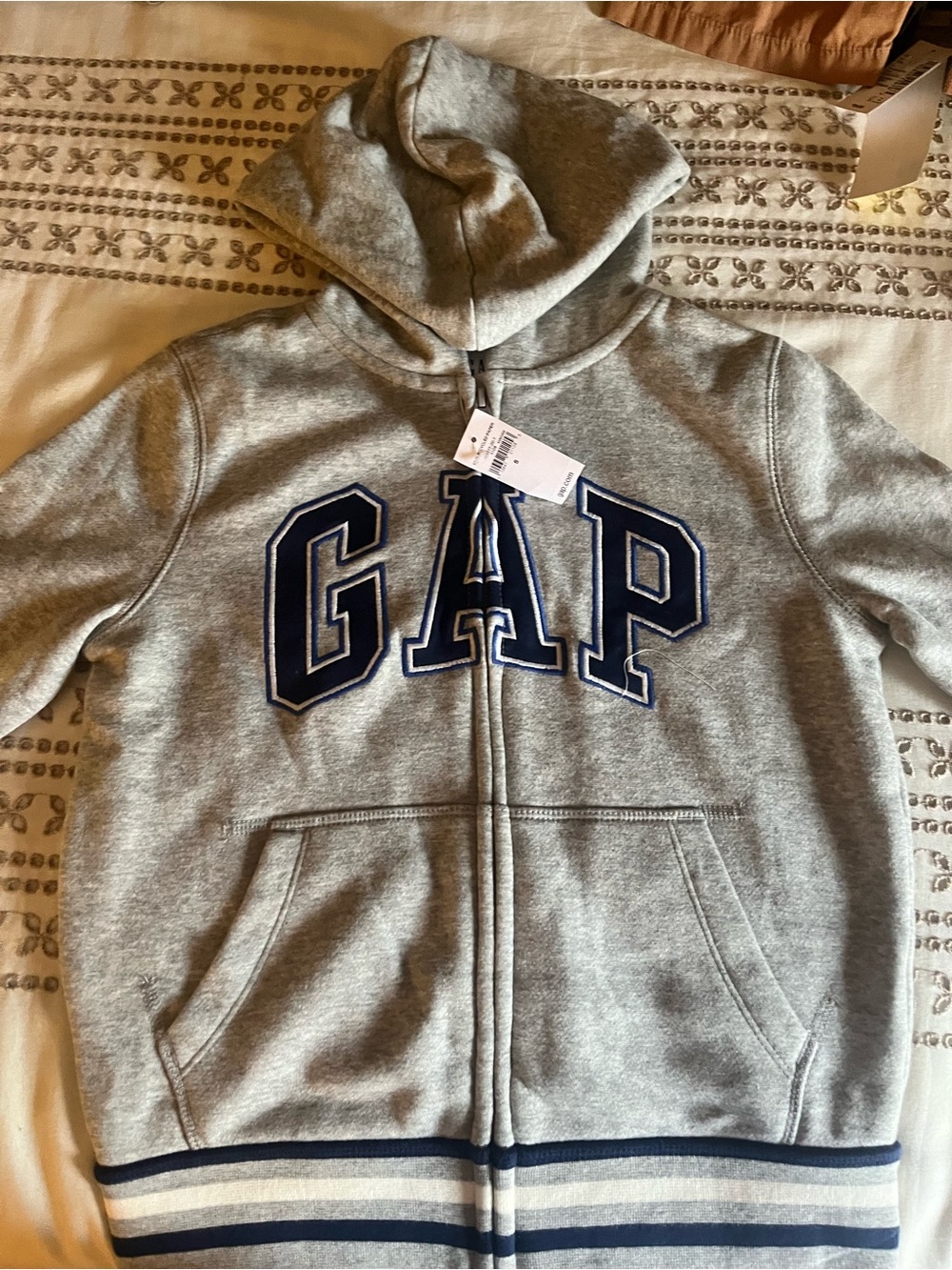 GAP Gray Zip-Up Hoodie with Navy Letter Appliqué